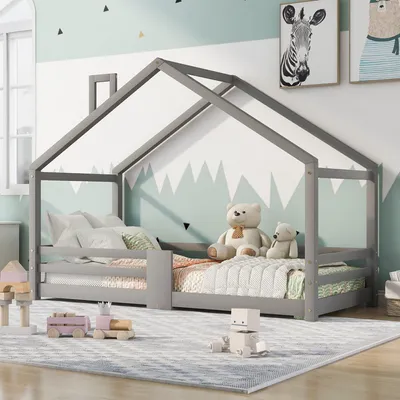 Image de OKWISH Lit enfant 90 x 200 cm - Lit cabane avec cheminée - Sans matelas - Gris