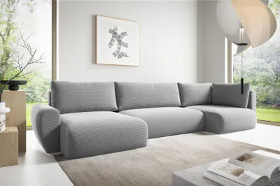 Produktbild von Ecksofas in U-Form ANTONIO MINI BOSS XL 385x153cm, Wohnlandschaft mit Schlaffunktion & Bettkästen, Eckarniutur / Bezug - Cord in Hellgrau