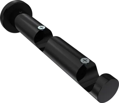 A black curtain rod bracket is shown against a white background.