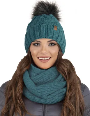 Productafbeelding van VIVISENCE Damesmuts met pompon en sjaal met lus, ideaal voor koude winterdagen, model 7014