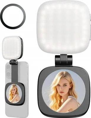 Productafbeelding van LED-lamp + spiegel met MagSafe-houder voor telefoon, geschikt voor selfies en vlogs, model C140 / zwart