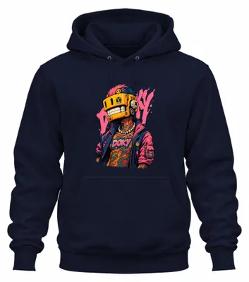 Obrázok produktu pre Cyberpunk, robot, maska, tetovanie, Japonsko, štýl Y2K, retro, anime, mikina s kapucňou, tmavomodrá, veľkosť S