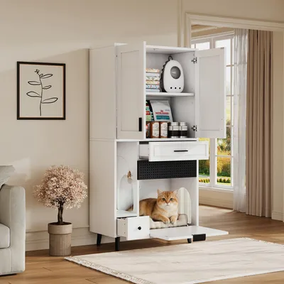 Produktbild von Multifunktionaler Wohnzimmerschränke/Katzenschrank mit stabiler Konstruktion, Fächern, verstellbaren Böden, Schubladen und Katzenbett ,Weiß