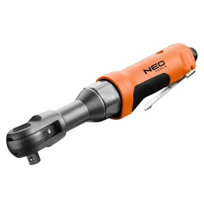 A studio shot of an orange and gray pneumatic ratchet wrench against a white background.