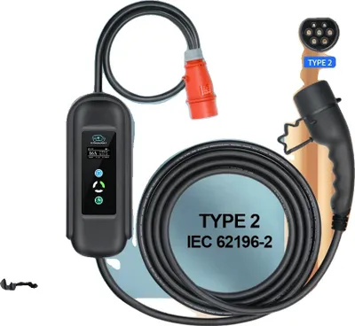 Obrázek produktu pro Přenosná nabíječka pro elektromobily, nastavitelný proud 8-16 A, výkon 11 kW, černá, TYPE2