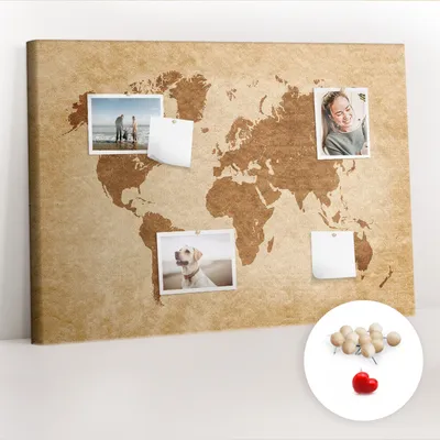 Immagine prodotto di Lavagna in sughero con puntine - Pannello con puntine per foto e appunti - 100x70 cm - Spille di legno, 100 pezzi - Mappa del mondo in stile vintage