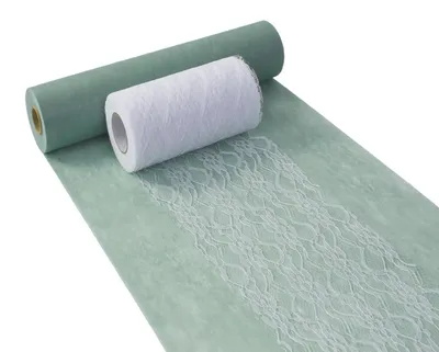Produktbild von Tischdeko-Set Vlies Tischläufer Grün & Weiß 30 cm x 25 m mit Spitzenband 15 cm x 20 m