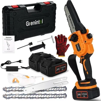 Produktbild von Grenintol 6 Zoll Akku-Kettensäge, 1000 W Mini Kettensäge mit 2×3000 mAh Akkus, Astsäge, Akku Motorsäge, Einhand-Kettensäge für Äste, Garten und Holz
