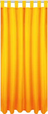 A close-up view of a bright orange curtain hanging from a rod.