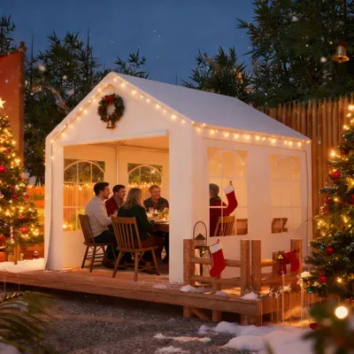 A group of people are having dinner inside a white party tent decorated with Christmas lights and a wreath.