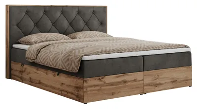 Produktbild von MKS MEBLE Boxspringbett 200x200 mit Bettkasten Eiche, Polsterbett 200x200 mit Matratze H3, Bett 200x200 mit Kopfteil, Bett mit Holzrahmen in Wotan Eiche - Dunkelgrau Velvet - Veneto