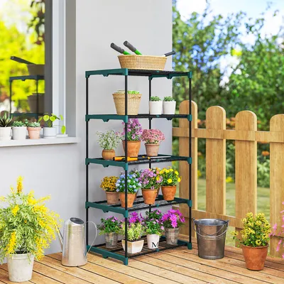 Produktbild von Pflanzenständer 5 Etagen, Blumenständer Metall, Pflanzenregal für Balkon Terrasse, Dunkelgrün | 67 x 49 x 138 cm | bis 20 kg