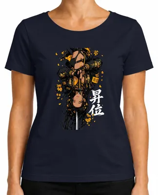 Imagen del producto de Camiseta para mujer con diseño de anime: ninja, katana, flores amarillas, estilo japonés, estética Y2K, manga, para amantes del anime, color azul marino, talla 3XL