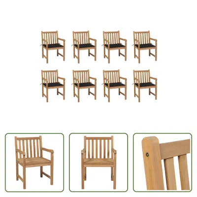 Produktbild von The Living Store Gartenstühle 8 Stk. mit Schwarzen Kissen Massivholz Teak
