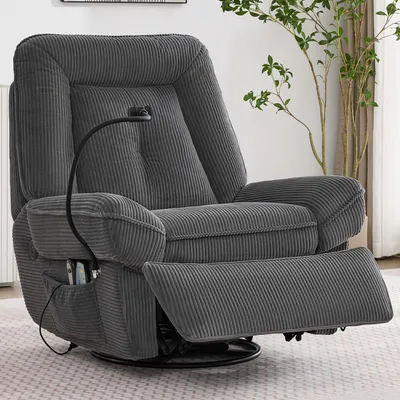 A gray corduroy recliner chair with a built-in lamp and side pockets.