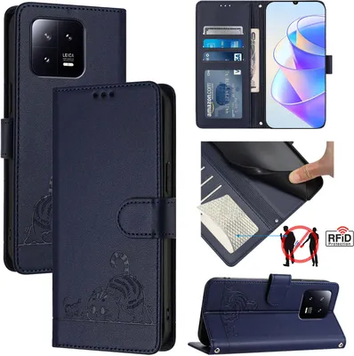 Produktbild von Leder Hülle für Xiaomi 13 Süße Katze Flip Case Brieftasche Schutzhülle mit Standfunktion Blau