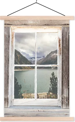 Produktbild von MuchoWow® Textilposter Durchschaubar - Holz - Berge 40x60 cm mit holzfarbenen Rahmen - Poster