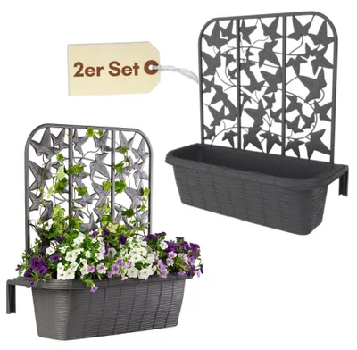 Produktbild von 2er Set Blumenkasten Balkon Balkonkasten mit Spalier Pflanzkasten mit Wasserspeicher Blumenkasten Geländer Kasten Balkongeländer Geländerkasten 60 cm Rattan Anthrazit