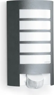 A product shot of a wall-mounted outdoor light fixture with a motion sensor.