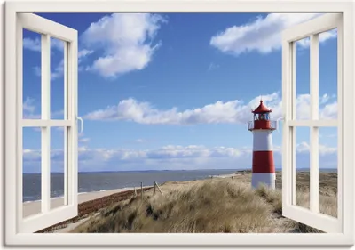 Produktbild von ARTland Leinwandbild Fensterblick - Leuchtturm Sylt, weiß Größe: 100x70 cm