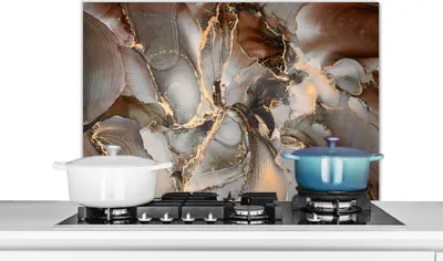 Produktbild von KitchenYeah®  Spritzschutz Küche - Küchenrückwand - Wandschutz für Herd und Spüle - Grau - Gold - Marmor - Marmoroptik 90x60 - Alu-Dibond (Alternative zum Spritzschutz aus Glas) - Hitzebeständig - Her