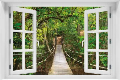 Produktbild von Wallario selbstklebendes Poster mit Fenster-Illusion - Hängebrücke im Urwald  grüner Dschungel, Größe: 100 x 150 cm