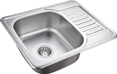 A stainless steel kitchen sink with a drainboard.