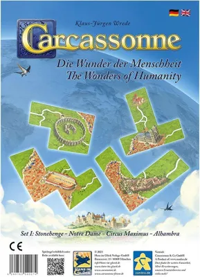 The image shows the box art for the board game Carcassonne: The Wonders of Humanity.