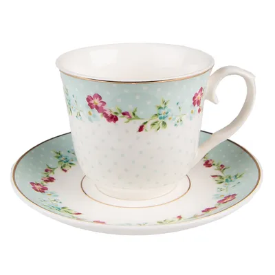 Produktbild von Clayre & Eef Tasse mit Untertasse 250 ml Weiß Grün Porzellan Blumen