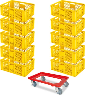 Produktbild von 10 Stapelkörbe, Euro-Format LxBxH 600 x 400 x 240 mm, Industriequalität, lebensmittelecht, gelb + GRATIS Transportroller