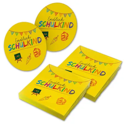 Produktbild von itenga 40x Serviette Endlich Schulkind Gelb mit 40x Bierdeckel Set
