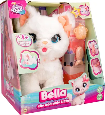 A plush toy cat named Bella in its retail packaging, along with some accessories.