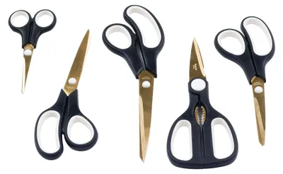 Produktbild von 5tlg. KING Scherenset EASYCUT Schwarz mit Titan beschichtete Klingen / 5x Scheren: 24.5, 20.5, 20, 20, 14cm / HANDARBEITSSCHERE, PAPIERSCHERE, HAUSHALTSSCHERE, UNIVERSALSCHERE, MULTISCHERE