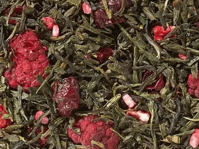 Produktbild von 1 kg  Grünteemischung Sencha Orchideenbeere (Erdbeer-Rhab.) aromatisiert