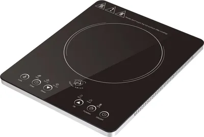 A black induction cooktop with a silver trim is shown from a high angle on a white background.