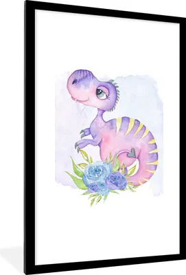 Produktbild von MuchoWow® Gerahmtes Poster Kinderzimmer - Lila - Dinosaurier - Mädchen - Kinder - Rosa 60x90 cm - Poster mit Schwarzem Bilderrahmen Wandposter Rahmen Foto Bilder - Dekoration - Wandposter Wohnzimmer - Hochwertig