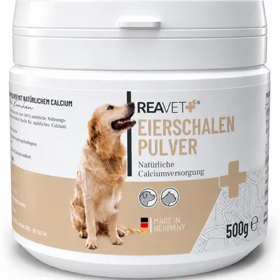 Produktbild von REAVET Eierschalenpulver Hund & Katze 500g, Natürliche Calciumquelle für gesunde Knochen und Zähne, Eierschalen Pulver