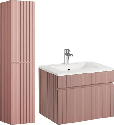 Produktbild von Waschbeckenunterschrank hängend mit Ablagen & Einbauwaschbecken - Streifenoptik - Rosa - 60 cm - SATARA