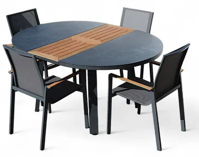 Produktbild von ALEOS. Gartengarnitur Gartenset Aluminium TEAK Set mit rundem Ausziehtisch 120cm auf 160cm ausziehbar + 4 Stapelstühle anthrazit Trinidad