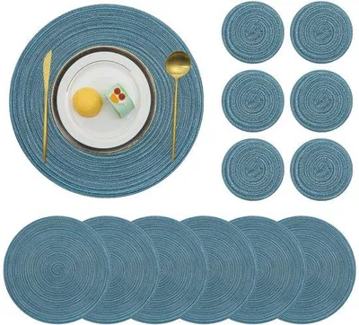 Productafbeelding van Ibenzoa® 6-delige set ronde placemats en onderzetters – katoenmix, hittebestendig, antislip, Ø 38 cm / Ø 10 cm, geschikt voor eettafel en keuken
