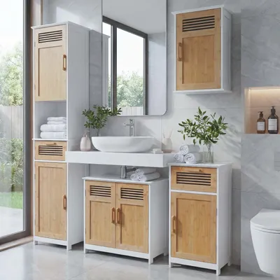 Obrázek produktu pro Koupelnová sestava HWC-A85, koupelnový nábytek vysoká skříňka umyvadlo skříňka na zeď bambusová komoda, certifikováno MVG, bílá barva