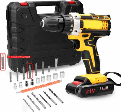 A cordless drill set with various accessories and a carrying case, laid out on a white background.