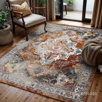 Productafbeelding van Unyqoos® Picasso Castana Vintage-tapijt, kortpolig, terra/meerkleurig, 200 x 290 cm – gemakkelijk te onderhouden synthetische vezels, geluidsabsorberend, STANDARD 100 gecertificeerd