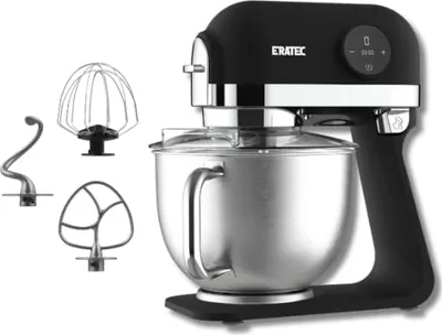 A black and silver stand mixer with three attachments displayed to the left.