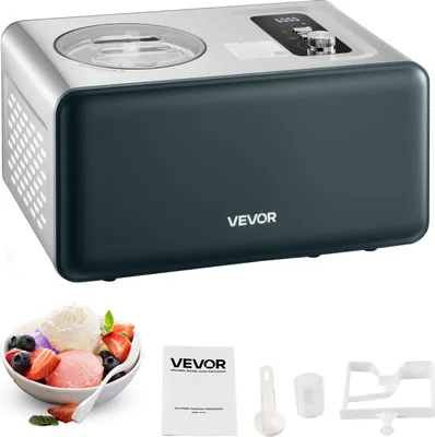A VEVOR ice cream maker is shown with a bowl of ice cream and accessories.