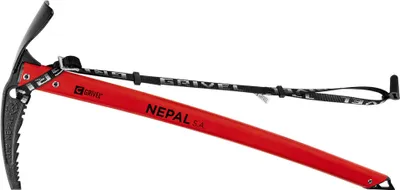 A red ice axe with a black pick and a black strap is shown against a white background.