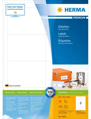 Zdjęcie produktu dla HERMA 4624, Biały, Prostokąt, Na stałe, Papier, Matowy, Laser/Atrament