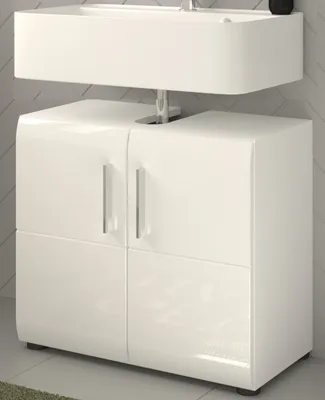 A white high-gloss bathroom vanity cabinet with a sink mounted above it.