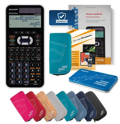 Produktbild von Sharp EL-W550 XG Taschenrechner mit Tasche türkis, Schutzfolie, Fachbuch & Zirkel Set