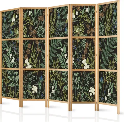Produktbild von Paravent XXL 225x172 cm 5-teilig einseitig eleganter Sichtschutz Raumteiler Trennwand Raumtrenner Holz Design Motiv Deko Home Office Botanik Natur Abstrakt b-B-10218-bh-a